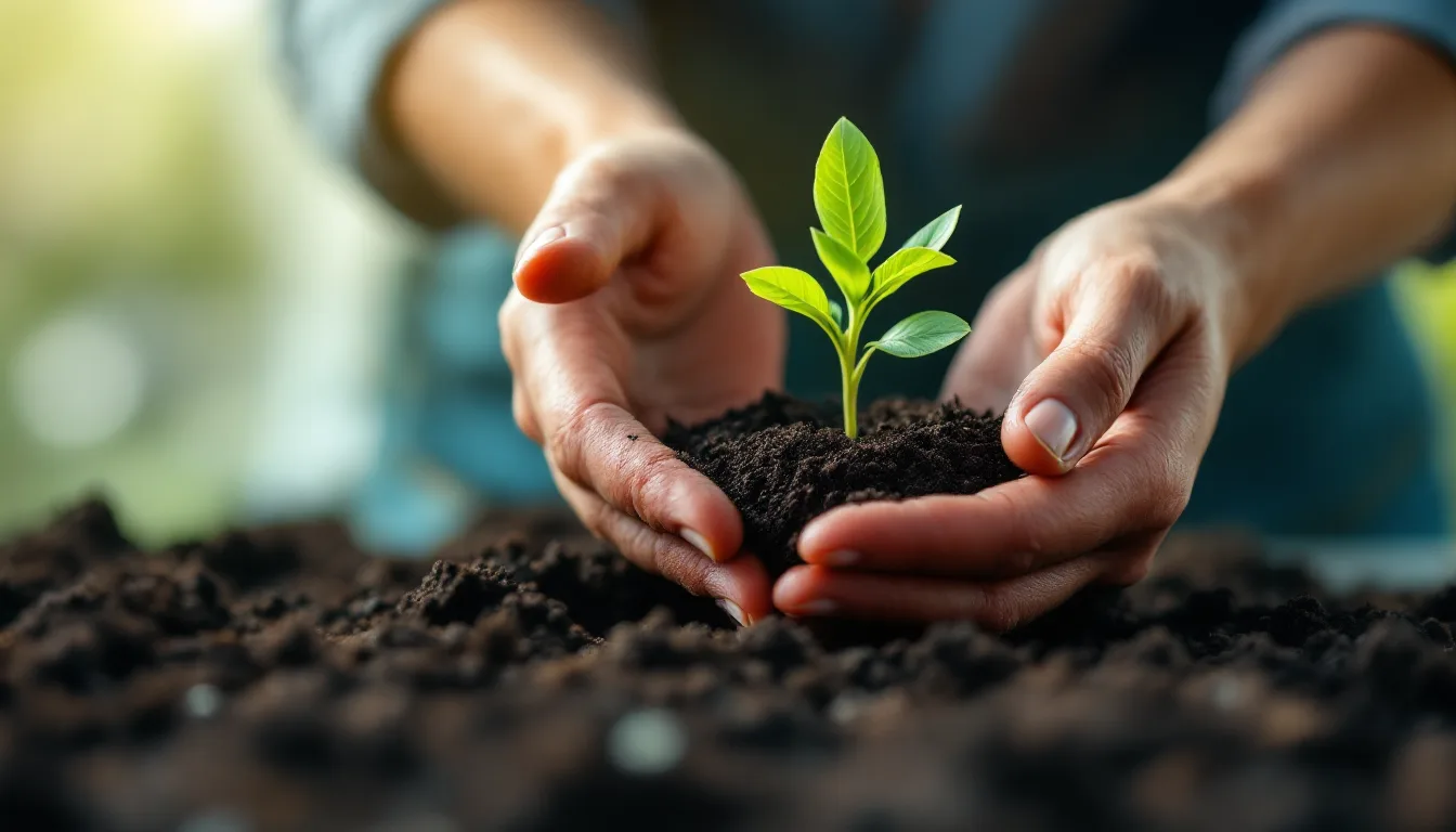 Hands gently repotting a young seedling into fresh soil.