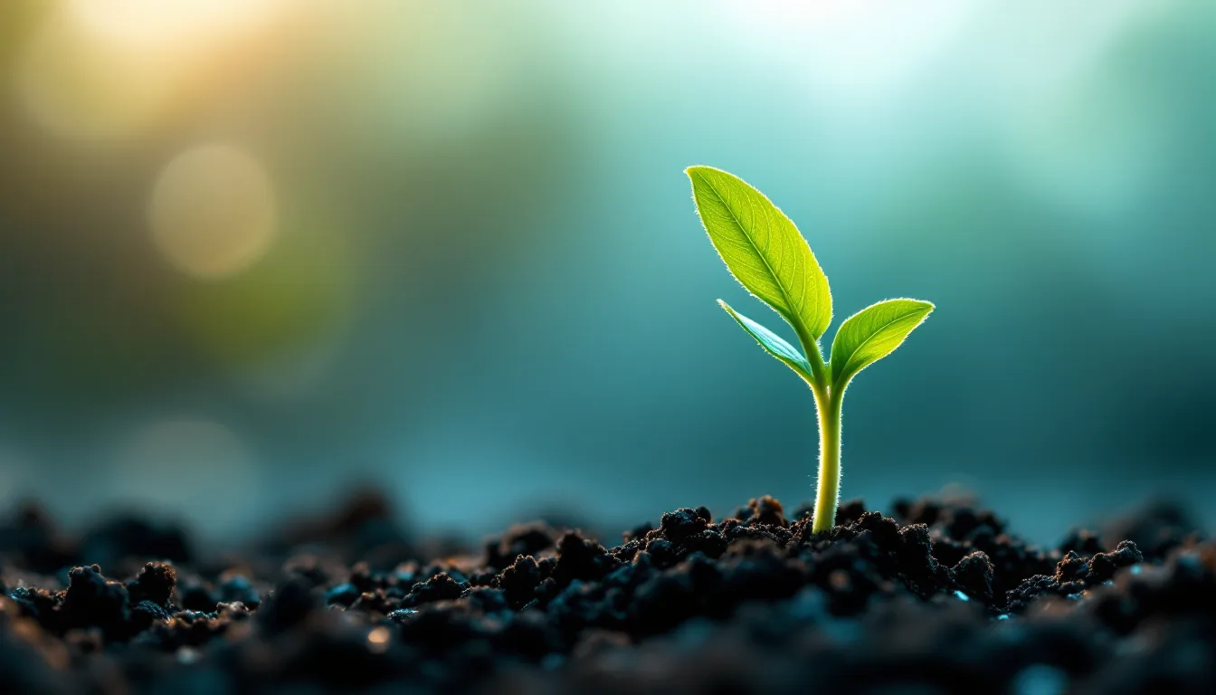 A young seedling breaking through soil, lit from the side.
