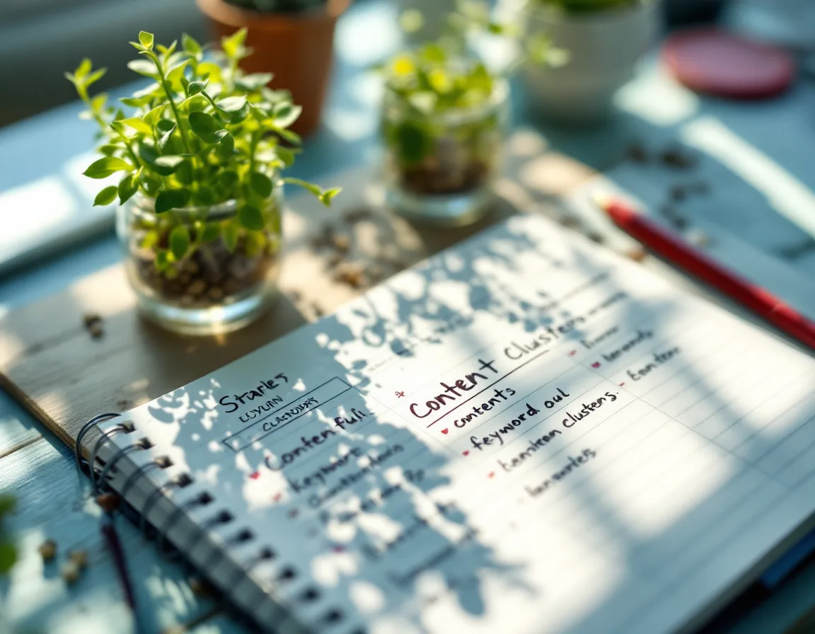 A content-planning desk with a handwritten keyword calendar and small green seedlings in glass jars.